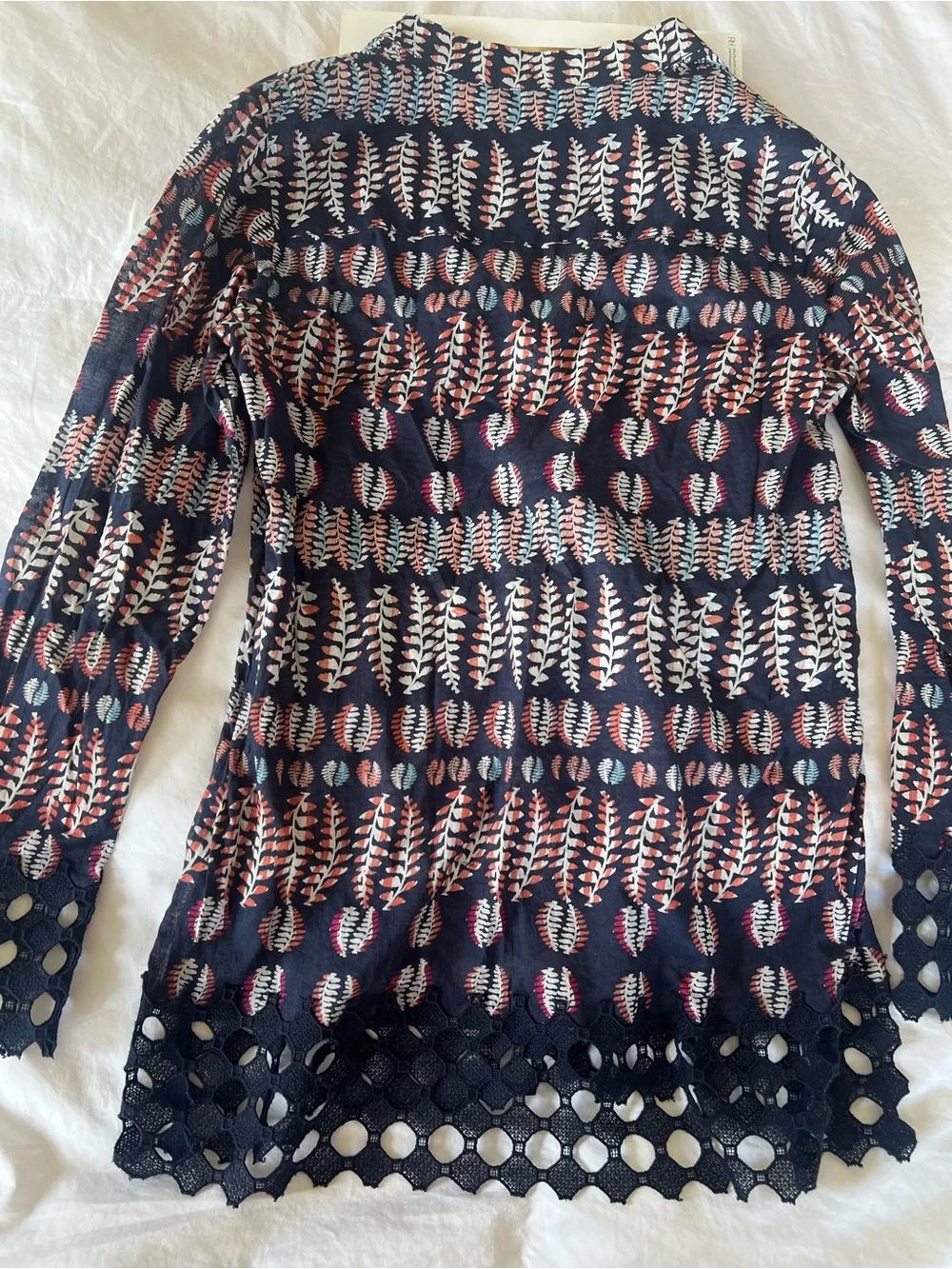 Tory Burch Navy Printed Tunic Top Crochet Lace Trim Size 6